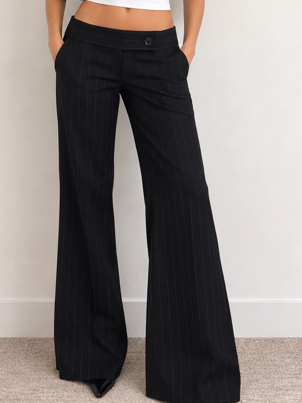 MK One Black Pinstripe Low Rise Flare Trousers Y2K Office Siren Size 14